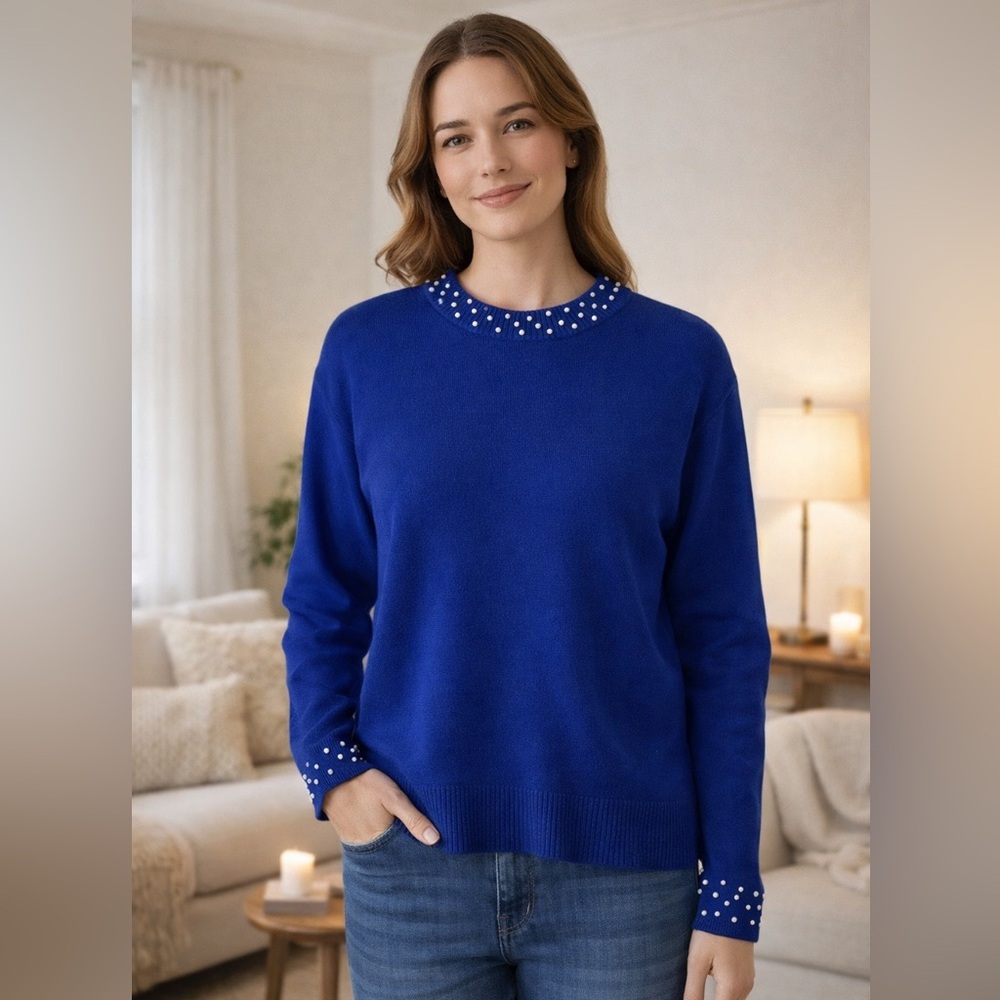 iKnit Women’s Blue Knit Pearl Embellished Sweater Pullover Size Small